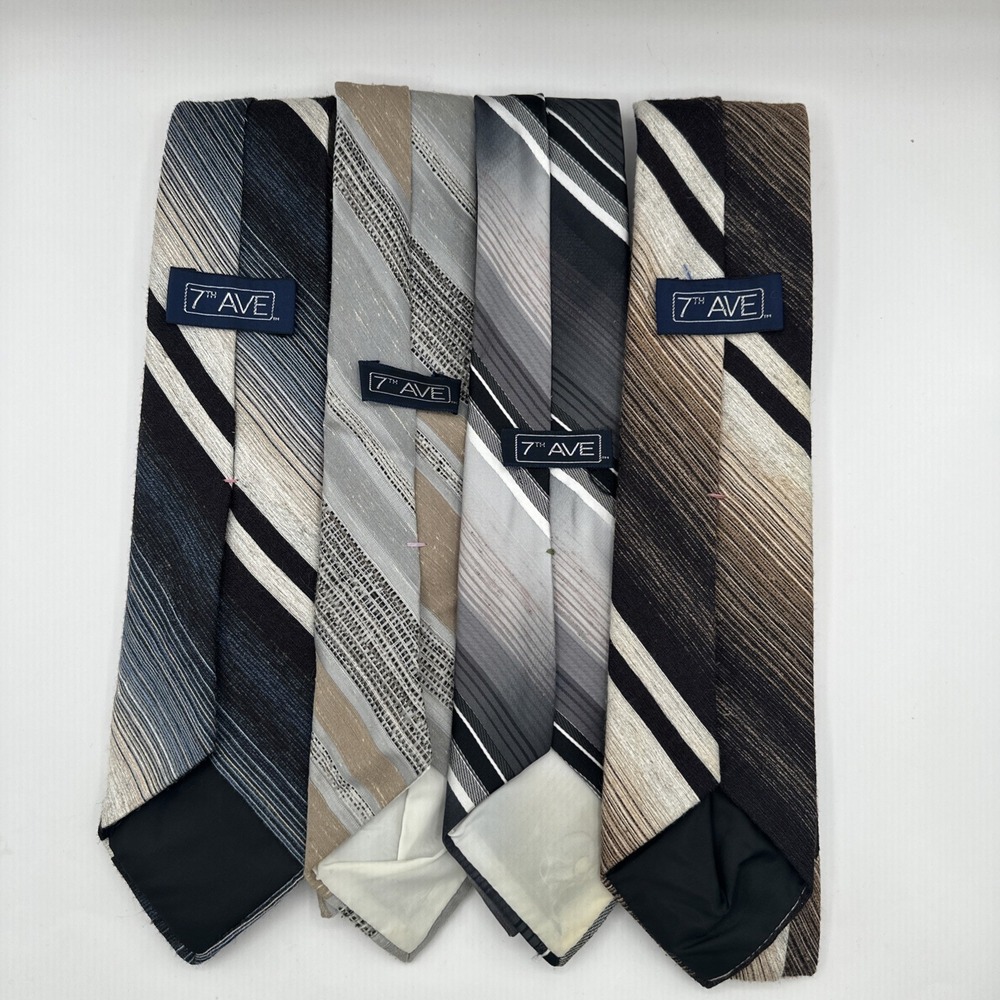 7th Ave Men's Necktie Lot of 4 Striped Brown Gray Black‎ White Dress Ties